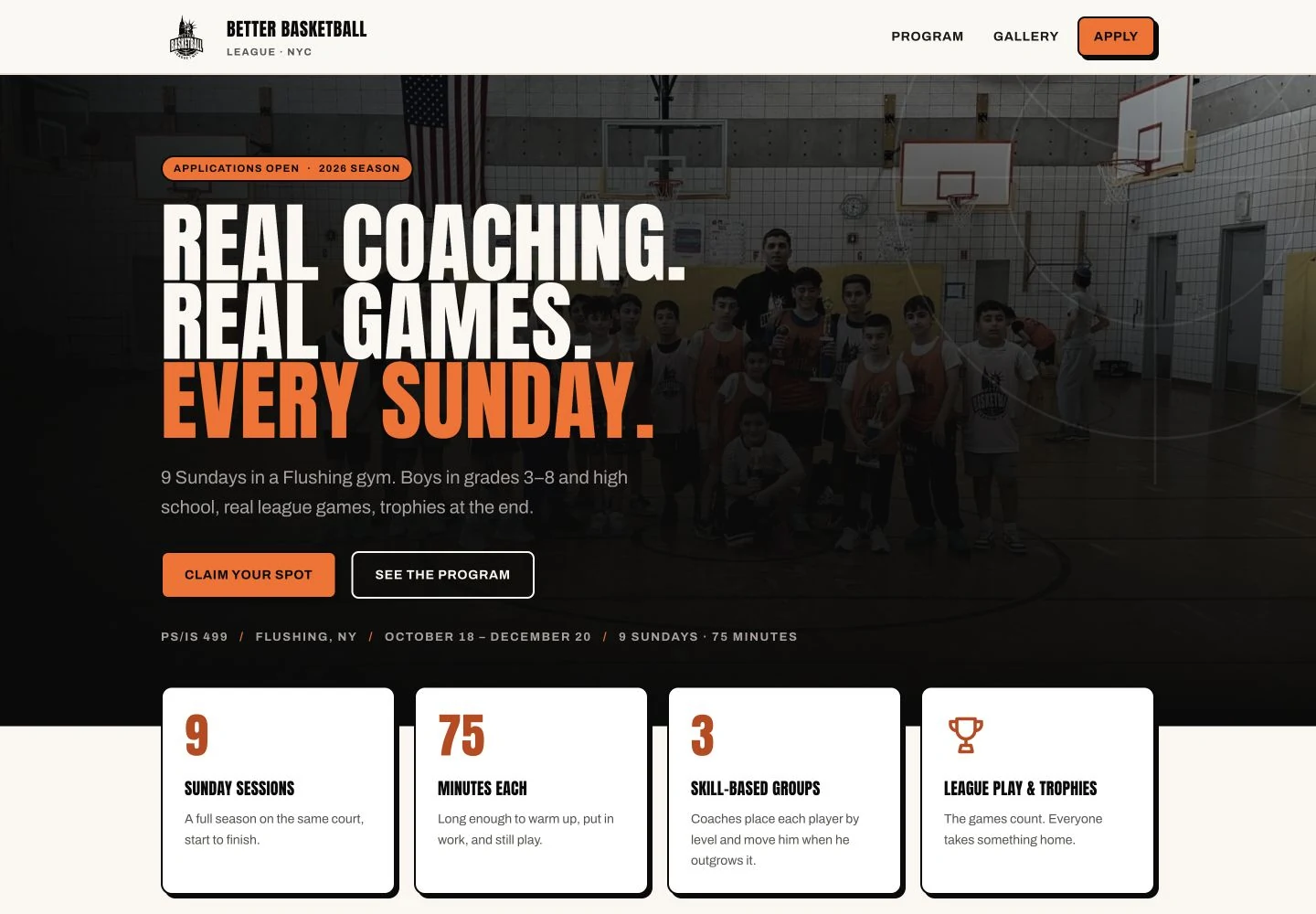 Better Basketball NYC website — desktop view